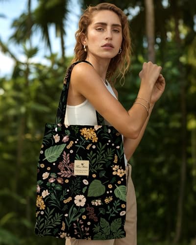 Miss Adola Corduroy Tote Bag for Women with Aesthetic Design | Magnetic Buckle & Pocket, Reusable, Soft, Roomy, Long Shoulder Handles, Double-sided Print, Casual Daily Work, Grocery Bags - color: Green Pk Flower, size: Large
