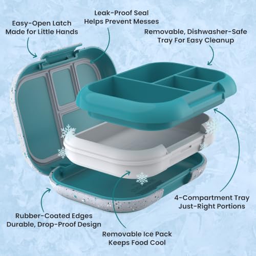 Bentgo Chill Kids 4-Compartment Bento Box Leakproof Lunch Box | Built-In Ice Pack, 3.3 Cup Capacity, BPA-Free, Microwave & Dishwasher Safe Tray, Ideal for Ages 3–7 (Truly Teal) - color: Confetti Edition - Truly Teal
