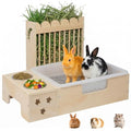 Upgraded 3‑in‑1 Wooden Rabbit Hay Feeder and Litter Box Combo | Extra Large, Mess‑Proof Hay Rack, Easy Clean, Stainless Steel Bowls, Small Pet Feeding Station - size: 26.1"W