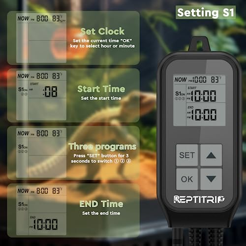 Reptile Thermostat, Light Timer for Temperature and Lighting Control, Day-Night Timer Thermostat with Reptile Thermometer for UVB Light, Heat Lamp, Heating Pad, 10A 1250w