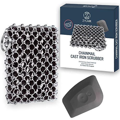 316L Cast Iron Scrubber Kit with Scraper Tool - Silicone Insert for Pan | Zylark Pan Cleaner Scrubber with Silicone Insert - Cast Iron Cleaning Kit - Chainmail Scrubber for Cookware - style: Black CIS with Scraper