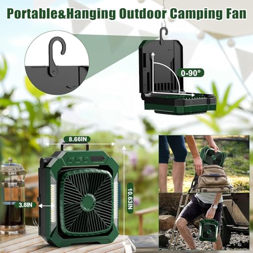Portable Camping fan Rechargeable, 2-in-1 Battery Powered Solar Fan with Detachable Solar Panel, 270° Rotation Personal USB Desk Fan with 3 Speed/Timer/LED Light/Hanging Hook for Outdoor - color: Green A