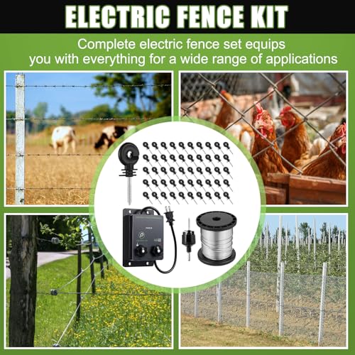 2-Mile 5000V 0.1Joule Electric Fence for Preventing Animals Intruding, 50 Black Fence Insulator and 1 Socket Tool, 250ft Aluminum Wire for Electric Fencing Grid System Accessories - size: 76M
