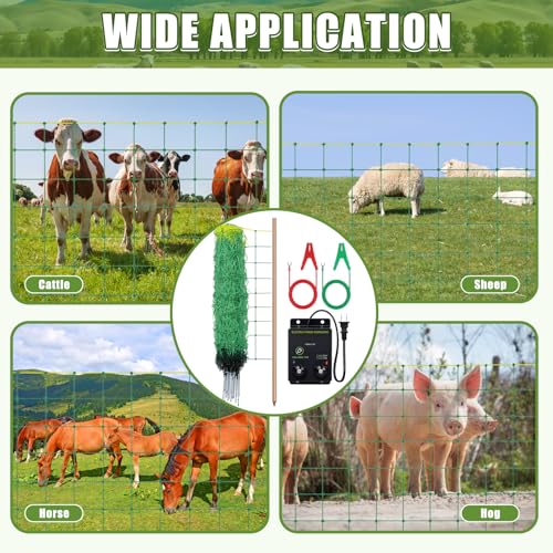 3 Pack 164'l x 42.5" H Electric Fence Netting Movable Livestock Nets PE Net Fencing Kit with Fence Charge 14 Posts Double Spiked Grounding Rod for Sheep Hog Backyards Homesteader Farm Ranche