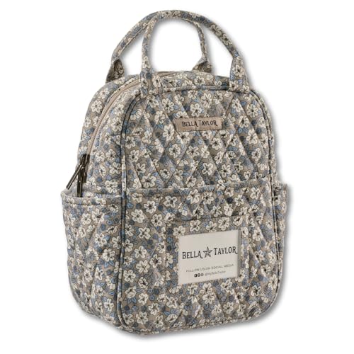 Bella Taylor Lunch Tote, Quilted Lunch Bag, Khaki Floral | Lightweight quilted cotton lunch box, easy-to-clean PEVA lining, 3 outside/1 inside pocket, durable construction - color: Khaki Floral