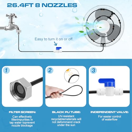 Outdoor Fan Misting System Kit 26.4FT with 8 Nozzles, Water Fan Misters for Cooling Outdoors, Water Sprayer for Backyard Portable Cooling Mist System for Outside Patio Garden Pool BBQ Greenhouse