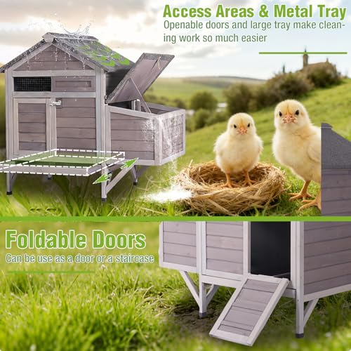 GUTINNEEN Small Chicken Coop Wooden Duck House for 2-3 Chickens with Nesting Box, Metal Tray, and Raised Legs, Foldable Door, and Perches 40.9" L