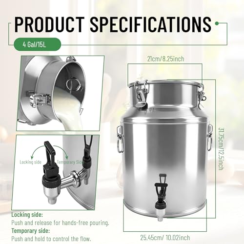 Milk Can 15L Milk Container 304 Stainless Steel Milk Jug Bucket Wine Pail Bucket Bottle 4 Gallon Container Storage with Faucet & Sealed Lid for Grain Wine Liquid