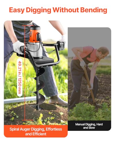 VEVOR Electric Post Hole Digger 1500W 140 RPM with 5.71 in Steel Auger Bit | for Post Hole Digging, Drilling and Tree Planting in Gardens and Yards, with 10.24 in Extension Rod for Reaching Deeper Soil