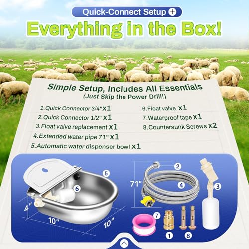 Automatic Animal Drinking Water Bowl with Float Valve, Extended Pipe & Drain Hole,3L Stainless Steel Waterer Feeder Farm Dog Dispenser Kit Self Filling for Livestock Horse Goat Water Trough - size: 71" Hose & Drain