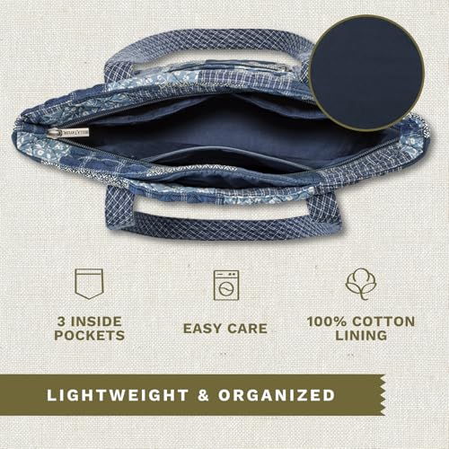 Bella Taylor Large Tote, Quilted Shoulder Bag for Women | Lightweight, 6-pocket large quilted purse, machine washable, zippered top, ultimate organization, durable construction - color: Heritage Blue Patch
