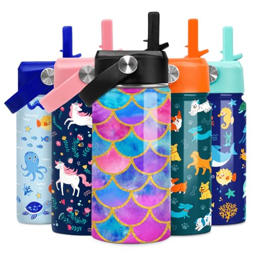 SANDJEST Mermaid Water Bottle for Girls Kids Kid Insulated Water Bottles 12oz Stainless Steel Travel School Tumbler Double Wall Vacuum Cup with Straw - color: Mermaid Scale