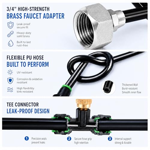Misters for Outside Patio 63FT(19.2M)+21 Brass Mist Nozzles+a Brass Adapter(3/4") Detachable outdoor misting cooling system for Garden, waterpark, Greenhouse, Backyard, Fan, Umbrella, Deck, Canopy - size: 63 feet