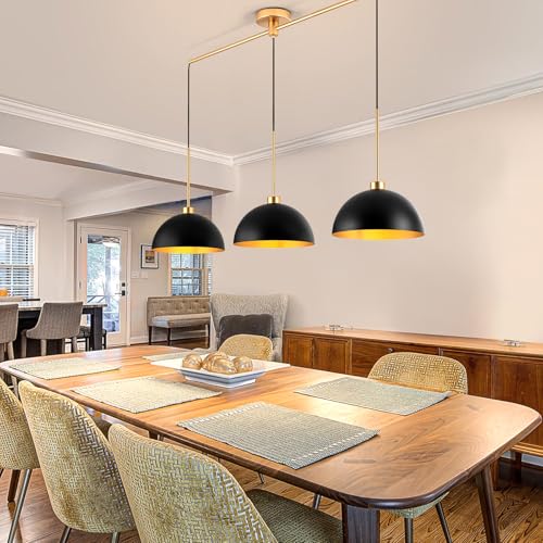 3-Light Black and Gold Dome Pendant Light Fixtures | Farmhouse & Industrial Style, E26 Base, Height Adjustable, Easy Installation, for Dining Room Bar Kitchen Island - color: Black-3 Lights
