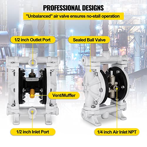VEVOR Air-Operated Double Diaphragm Pump, 1/2 in Inlet & Outlet, Polypropylene Body, 13.2 GPM & Max 120PSI, PTFE Diaphragm Pneumatic Transfer Pump for Petroleum, Diesel, Oil & Low Viscosity Fluids - size: 2.5 GPM