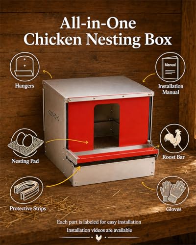 Roll Away Nesting Box with Reversible Roll Out Egg Collection for 20+ Hens | With nesting pads, Galvanized metal, Easy collection, Rustproof, Easy to install & clean, with gloves & protective strips