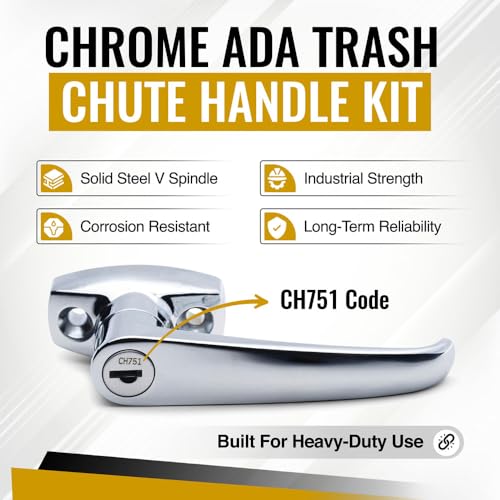 Trash Chute ADA L Handles and Laundry Chute Door Latch Plunger kit with V Spindle for Bottom & Side hinged Doors. Handicap Approved Universal Locking Chrome Handle Hardware Parts