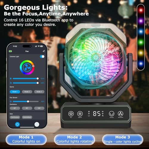 V JULES.V Portable Fan for Bedroom,40000mAh Rechargeable Desk Fan with Smart APP Remote Control,Misting Fan with RGB Lights,Timer,5 Speed Camping Fan for Travel,Tents,Beach,Office,Outdoor-Army Green