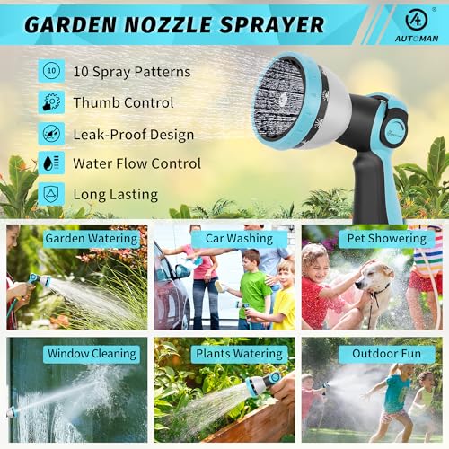AUTOMAN Garden Hose Nozzle Sprayer - 10 Spray Patterns, High Pressure, Thumb Control On Off Valve, Metal Duty Water Nozzle, Extra 3 Washers, for Watering Garden, Cleaning, Washing Car, Showering Pets - color: Turquoise