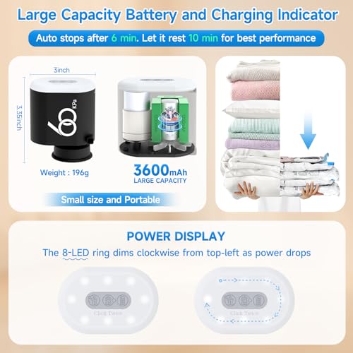 60 Kpa Cordless Electric Pump for Vacuum Storage Bags, Travel 3600mAh Rechargeable Electric Air Pump for Various Seal Bags, Portable Vacuum Pump for Space Saver Bag for Clothing, Luggage (Pump Only) - color: 60kpa Black