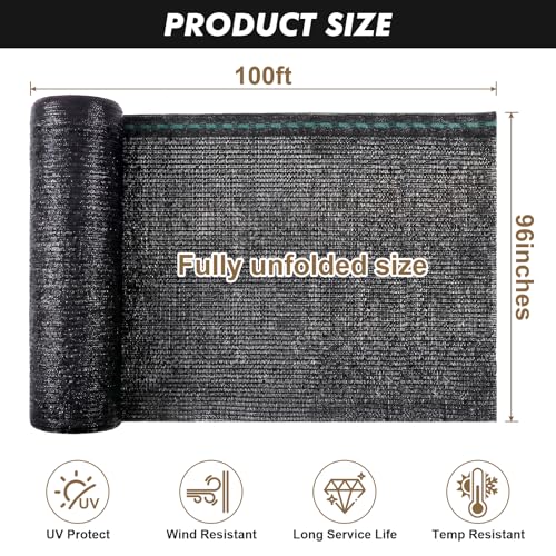 50% Black Garden Shade Cloth Roll for Plants, 8' x 100 FT | Sun Shade Cover Fabric Roll, UV Block Shades Netting Mesh, Privacy Fence Screen for Greenhouse, Backyard, Patio - size: 8' x 100 FT-50%
