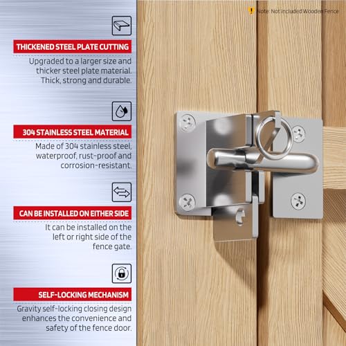 304 Stainless Steel Wooden Fence Self-Locking Gate Latch Heavy-Duty Gravity-Style Fence Gate Latch Privacy Latch, for Wooden Doors, Metal Doors, and Vinyl Fences Gate Lock Hardware - color: Silvery White