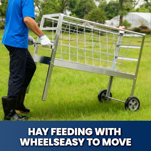 2‑in‑1 Hay Feeder for Goats, Galvanized Steel Heavy‑Duty Mobile Cart, Rust‑Proof Goat Trough Feeder with Large Capacity, Ideal Sheep Feeder for Goats, Sheep, Horses & Farm Livestock