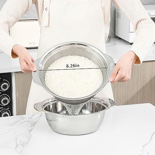 Paoli 304 Stainless Steel Fine Mesh Colander Set, 2QT Large Capacity Strainer with Mixing Bowl — Rinse Fruits, Veggies, Rice & Drain Pasta, Dishwasher Safe (2-Piece) - color: Primary color with handle, size: 2qt