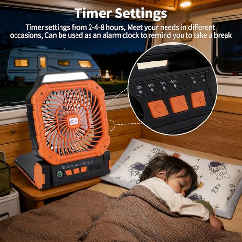 Solar Fan, Solar Powered Fan, Solar Fans For Outside ,Camping Fan, With 2 Charging Modes, 4-Speed Wind & 3-Gen Led Light, Portable Rechargeable Ventilador Recargable For Outdoor Travel & Home(Orange)