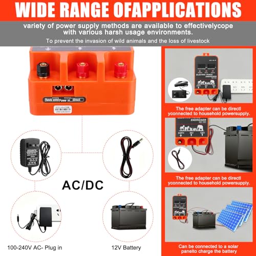 5.5J Electric Fence Charger with Display and Alarm, AC/DC Dual Power, 12V Input 8KV/12KV Output, 3366 ft Polywire, 40 T Post Insulator, 20 Screw-in Insulator for Cattle Cow Livestock Farm