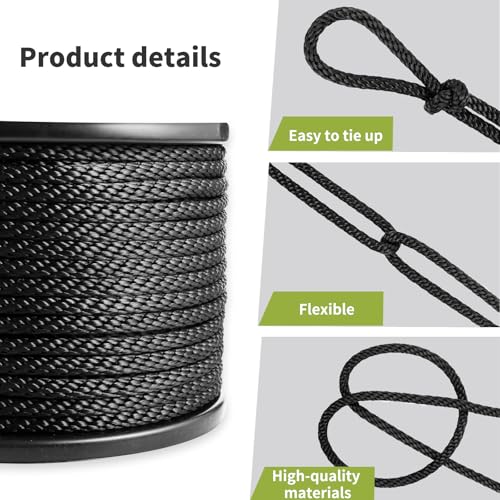 5/16 Inch × 250 FT Black Polyester Solid Braid Rope – UV & Abrasion Resistant, Low Stretch, Multipurpose for Flagpole Halyard, Clothesline, Camping, and Utility Tasks - size: 5/16 In×250 FT