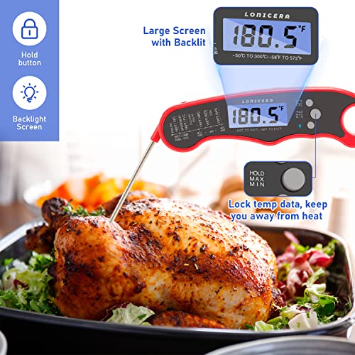 LONICERA Digital Meat Thermometer, Instant Read, Foldable Probe, Red | IP66 waterproof design, backlit display, calibration function, for meat, baking and grilling