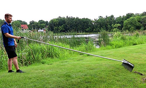 Rake Zilla | Extra-Large Heavy-Duty Lake and Pond Aquatic Weed Rake – 40" Wide Head with 9" Tines | Includes Detachable Float Kit & 25 ft Rope for Scooping, Skimming, and Easy Cleanup in Lakes & Ponds - size: 11 ft handle