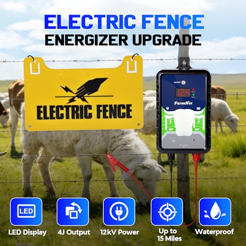 12KV DC AC Powered Electric Fence Charger, 15 Miles 4 Joules Pulse | Waterproof EF-03 Fence Kit for Livestock & Farm, Includes Warning Signs, LED Indicator, for Animals Poultry Ranches Gardens - color: Blue