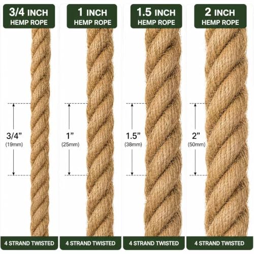Natural Hemp Rope - 2 Inch x 100 Feet - Heavy Duty Jute Rope Manila Ropes for Docks, Nautical, Railings, Tug of War, Decorating - size: 2 in×100 ft