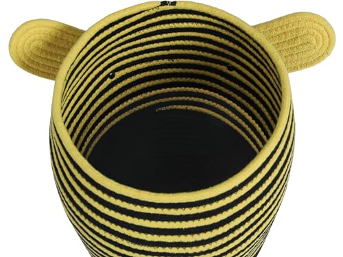 10x15 Inch Bee Basket with Lid, Handcrafted Cotton Rope Animal Storage Bin, Striped Bumble Bee Decor for Kids Bedroom Playroom, Yellow