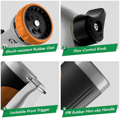 RESTMO Garden Hose Nozzle, Heavy Duty Metal Water Hose Nozzle with 7 Adjustable Spray Patterns, High Pressure Hand Sprayer with Flow Control, Best for Watering Plant & Lawn, Washing Car & Pet, Orange - color: Orange