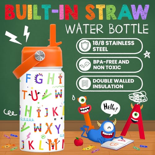 SANDJEST Kids Water Bottle with Straw Lid - 12 Oz Alphabet Insulated Stainless Steel Water Bottles for Kid Girl Boys - Travel Cup for School Sports - color: Alphabet