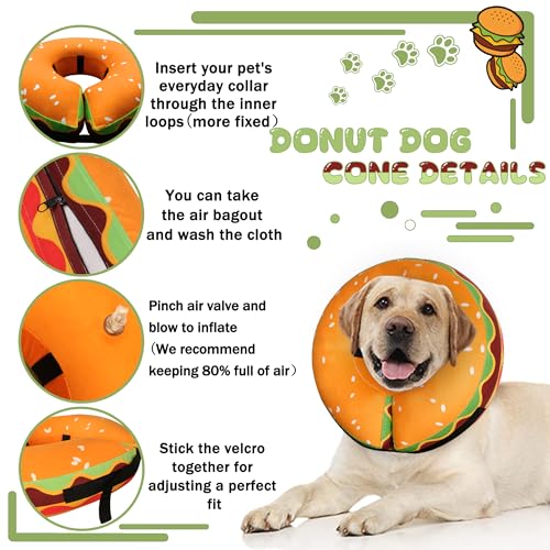 Inflatable Dog Cone Collar for Large Medium Small Dogs, Soft Adjustable Recovery Cone Collar for Dogs Cats,Dog Neck Donut Cone Alternative After Surgery(Hamburger,Small - color: Hamburger, size: S（neck 4"-7"）