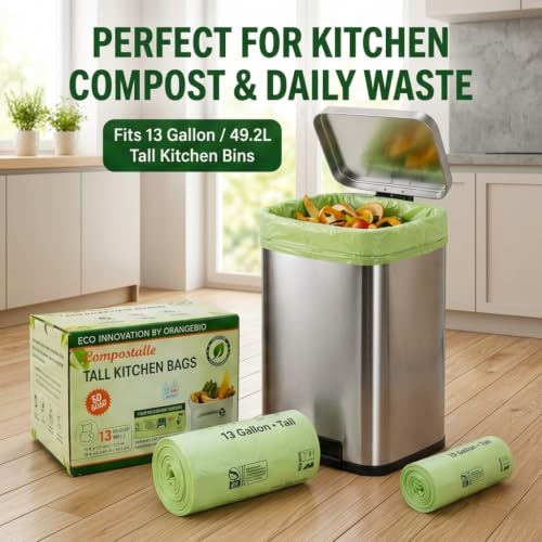 OrangeBio 13 Gallon Compostable Trash Bags, 50 Count, BPI Home Certified | 0.9 Mil Tall Kitchen Garbage Bags for Food Waste & Home Composting, Plant-Based, 24" x 31.5" - size: 50 Count (Pack of 1)