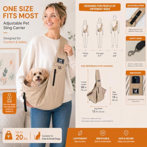 Dog Sling Carrier for Small Dogs & Cats 5-20 lbs, Adjustable Depth | Breathable Air Mesh Puppy Sling, Water-Resistant Travel Bag, Double Safety Leash, Machine Washable, Hands-Free Pouch, Caramel - color: Caramel