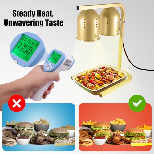 Food Heat Lamp with 2 x 250W Bulbs, 5000+ Hour Lifespan, Gold | 12"×20" Warming Area, UL-Tested, Adjustable Height Stand 22"-30", Commercial & Home Use Restaurant Buffet Bakery Catering - color: Gold