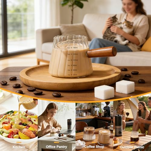 Aruizun2 PCS Espresso Measuring Cup, 6 Oz Espresso Shot Glass with ML Scale | Espresso Cups with V-Shaped Spout & Wood Handle, Heat-resistant Borosilicate Glass Pitcher for Coffee, Milk & Syrup - color: 2 pcs