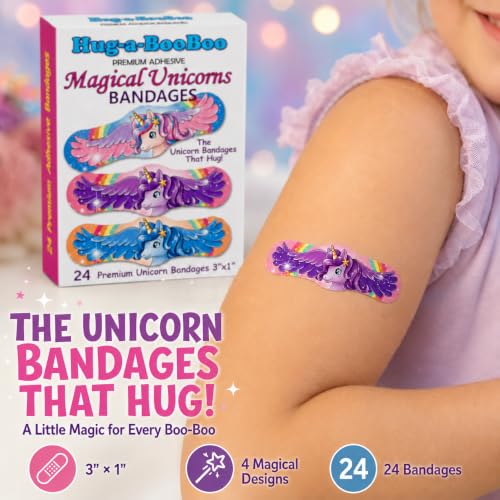 Magical Unicorns Premium Adhesive Unicorn Bandages from Hug-a-BooBoo, The Amazing Bandages that Hug! Colorful Hugging Unicorns 24 Ct Box - size: 24ct, style: Pretty Magical Unicorns