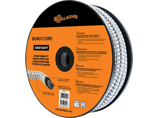 Gallagher White Bungy Cord 164 ft Roll | UV-Resistant Stretch Electric Fence Gate Rope with Stainless Steel Conductors | High-Visibility Shock Cord for Pasture Gates, Lanes, and Livestock Fencing