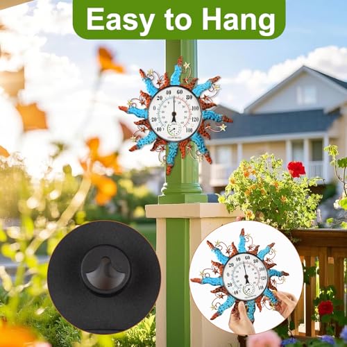 Sun Outdoor Thermometer Waterproof Wall Thermometer for Patio Garden Yard | Equipped with a Hygrometer, No Batteries Required, Dual-Scale Dial with Big Numbers, 13 Inch, Ideal Indoor & Outdoor Decor