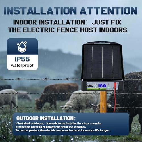 20 Miles Solar Electric Fence Charger, Adjustable Output Voltage: 6/8/10/12kV, 2J Solar Powered Electric Fence Charger Supports Battery/Solar/AC Power,Ideal for Livestock/Garden/Yard/Farm Protection