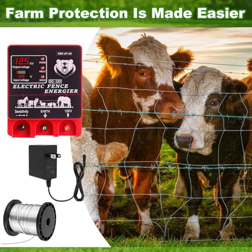 MorningRo 9J Electric Fence Charger Kit, 20 Miles Plug-in Fence with Display & Alarm, Input 12VDC/110-240VAC Output 12KV, 250ft Aluminum Wire 50 Insulators 1 Socket Tool for Livestock Cattle