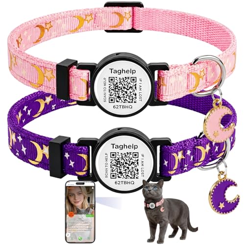 2PCS Breakaway Cat Collars with QR Code Bell Moons Stars Cute Kitty Adjustable Safe Kitten Collars with Pendant Glow in The Dark. Smart ID tag.Real-time scan alerts (Purple&Pink) - color: Star & Moons - Purple & Pink