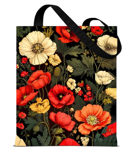 Aesthetic Floral Canvas Tote Bag - Reusable Shoulder Tote Bag for Women Lady Casual Vacation, Shopping, Work, Gym - color: Dark Floral001